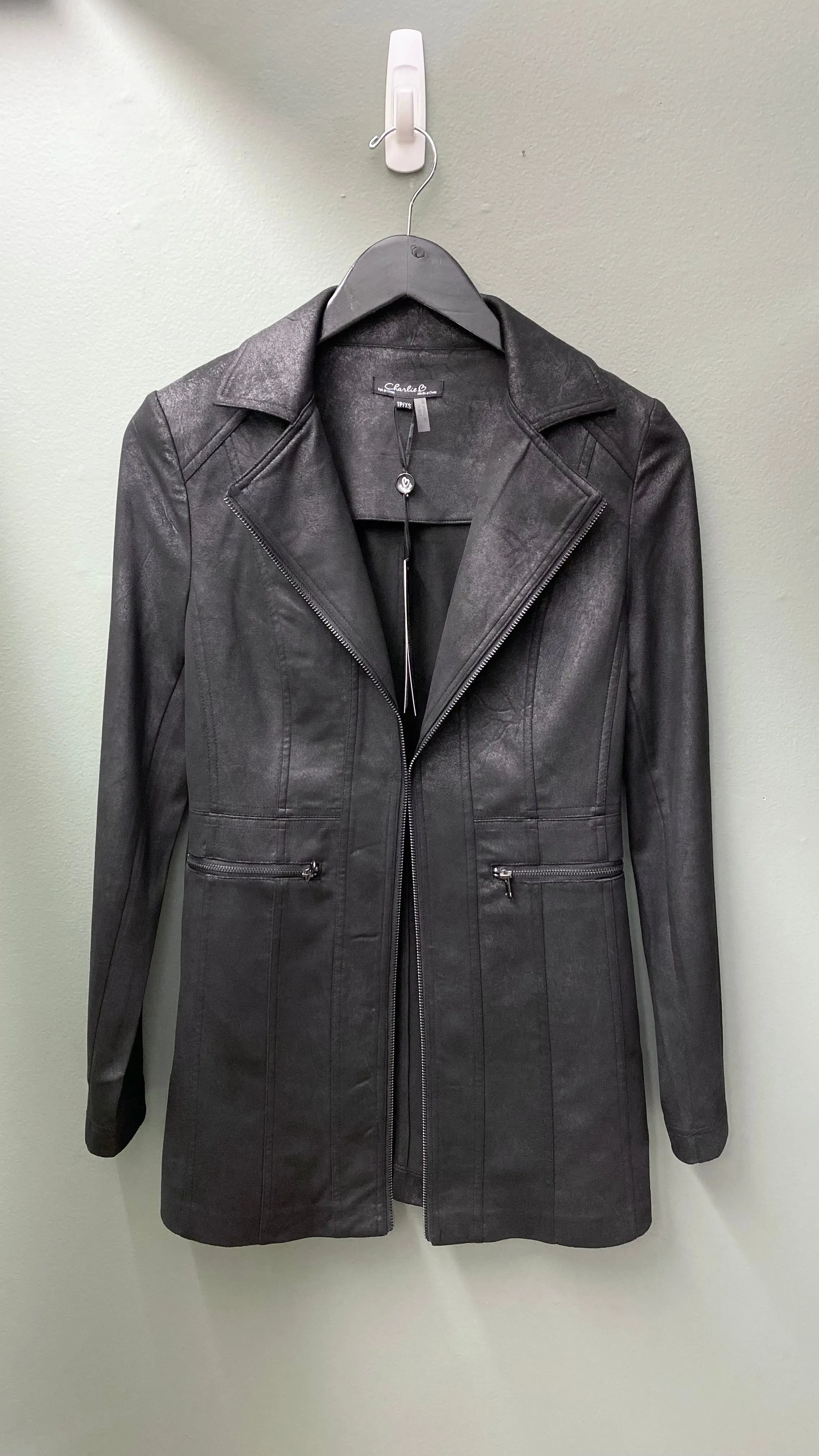 * Charlie B Long Black Faux Leather Jacket