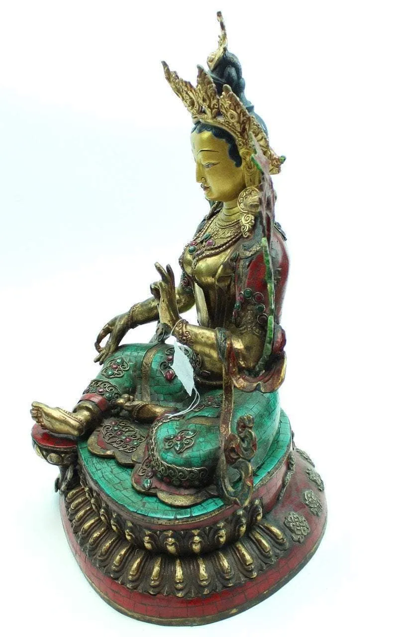 19 inch Green Tara Mosiac and Jeweled Statue