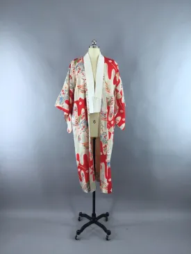 1930s Vintage Silk Kimono Robe / Red & Blue Floral Print