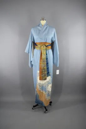 1950s Vintage Silk Kimono Robe / Sky Blue Embroidered Floral