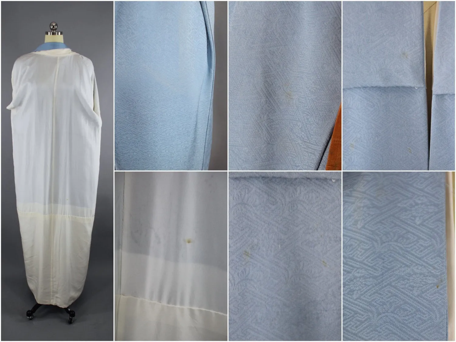 1950s Vintage Silk Kimono Robe / Sky Blue Embroidered Floral