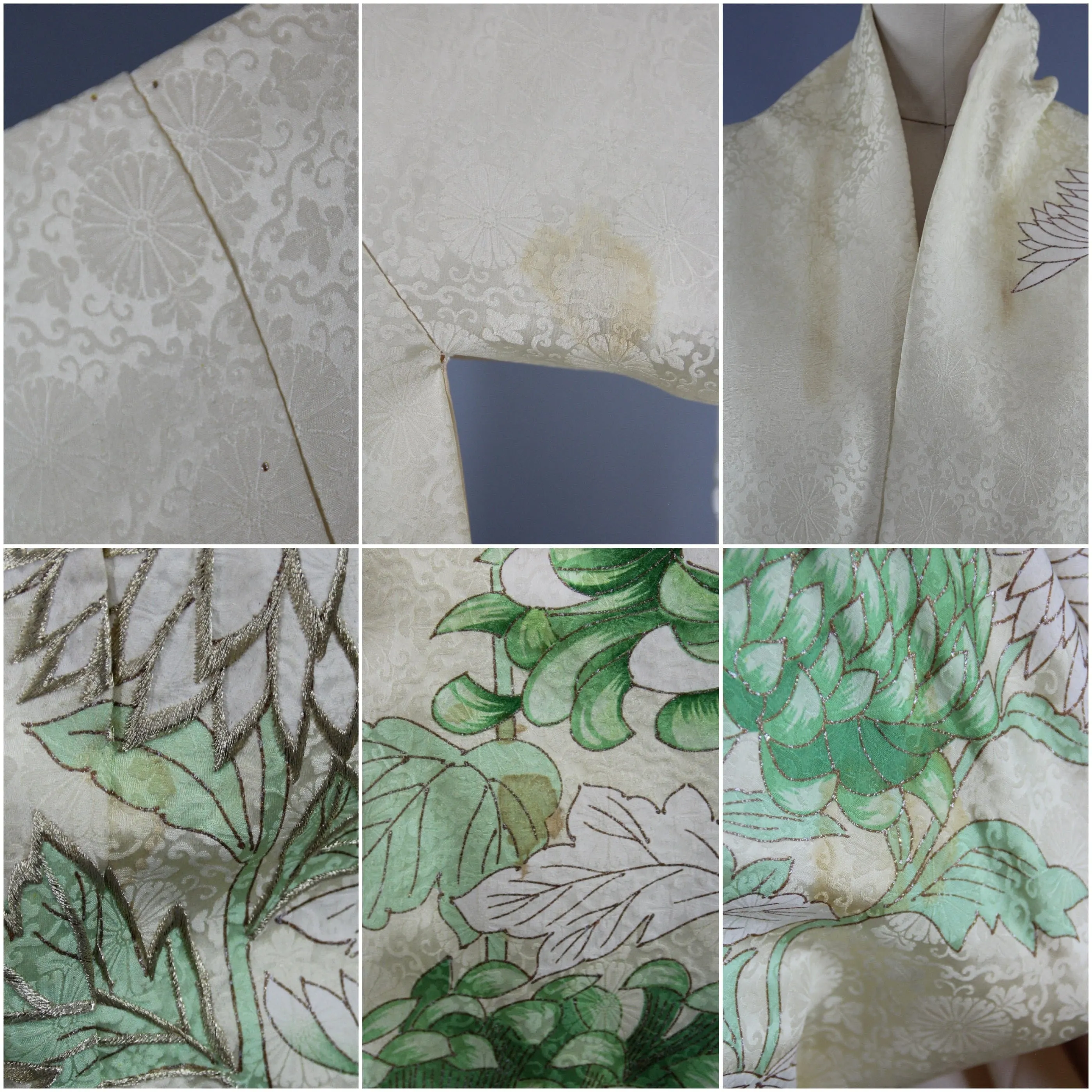 1960s Vintage Silk Kimono Robe / Ivory Yellow Green Chrysanthemum Floral