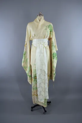 1960s Vintage Silk Kimono Robe / Ivory Yellow Green Chrysanthemum Floral