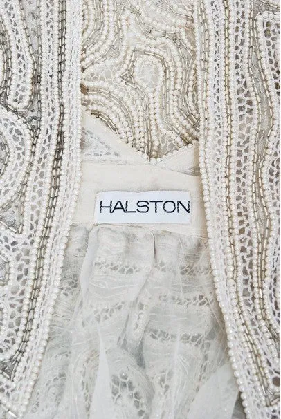 1975 Halston Couture Ivory Pearl Beaded Swirl Silk Halter Backless Wrap Gown