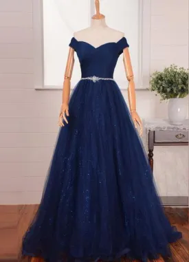 2024 Blue Floor-Length/Long A-Line/Princess Off-the-Shoulder Beading Tulle Prom Dresses