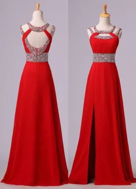 2024 Gorgeous Red Beading Open Back Chiffon Prom Dresses