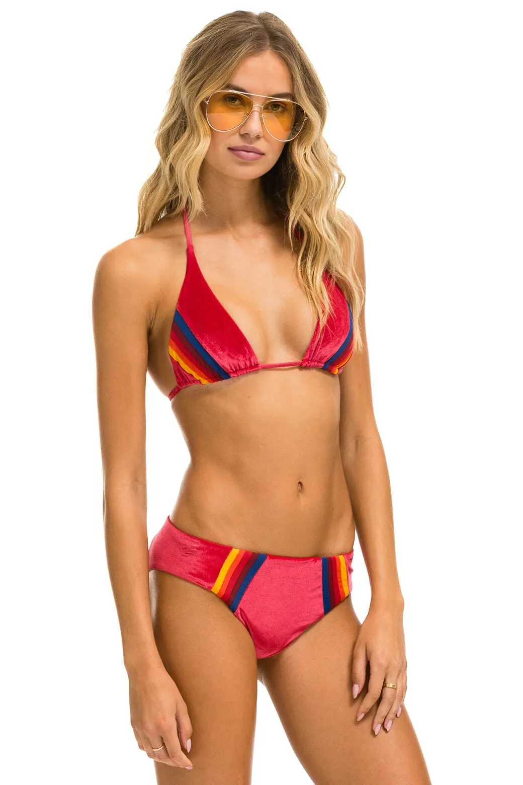 5 STRIPE VELVET SCRUNCH BIKINI BOTTOM - RED