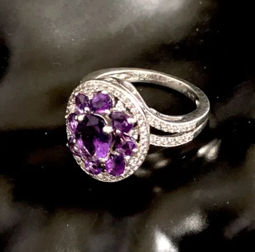 925 P☆M Hallmarked Genuine Amethyst Cocktail Ring Size 7 with CZ Accents