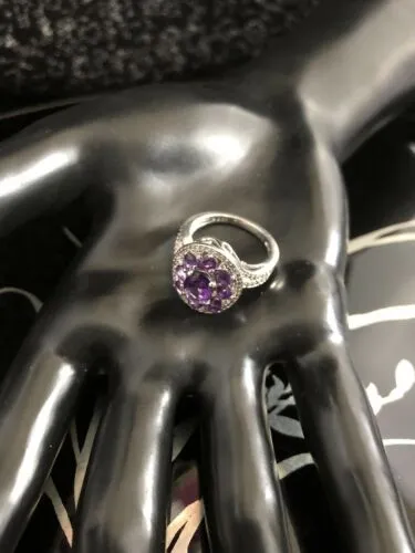 925 P☆M Hallmarked Genuine Amethyst Cocktail Ring Size 7 with CZ Accents