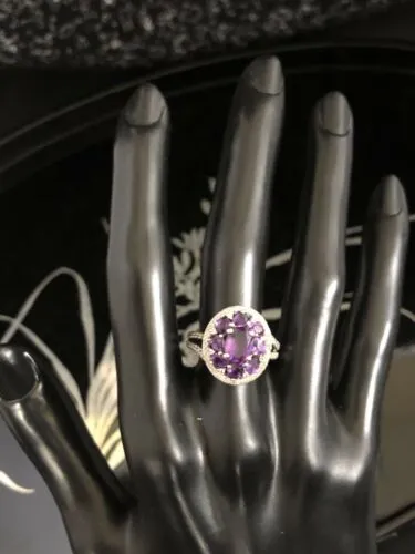 925 P☆M Hallmarked Genuine Amethyst Cocktail Ring Size 7 with CZ Accents