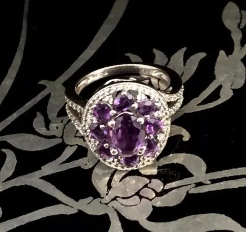 925 P☆M Hallmarked Genuine Amethyst Cocktail Ring Size 7 with CZ Accents