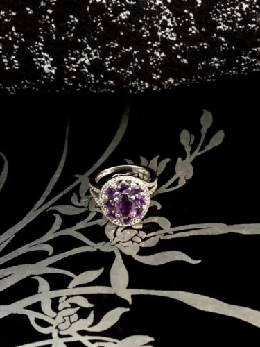 925 P☆M Hallmarked Genuine Amethyst Cocktail Ring Size 7 with CZ Accents