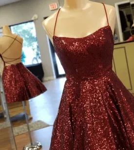 A Line Criss Cross Straps Back Burgundy Sequins Homecoming Dress