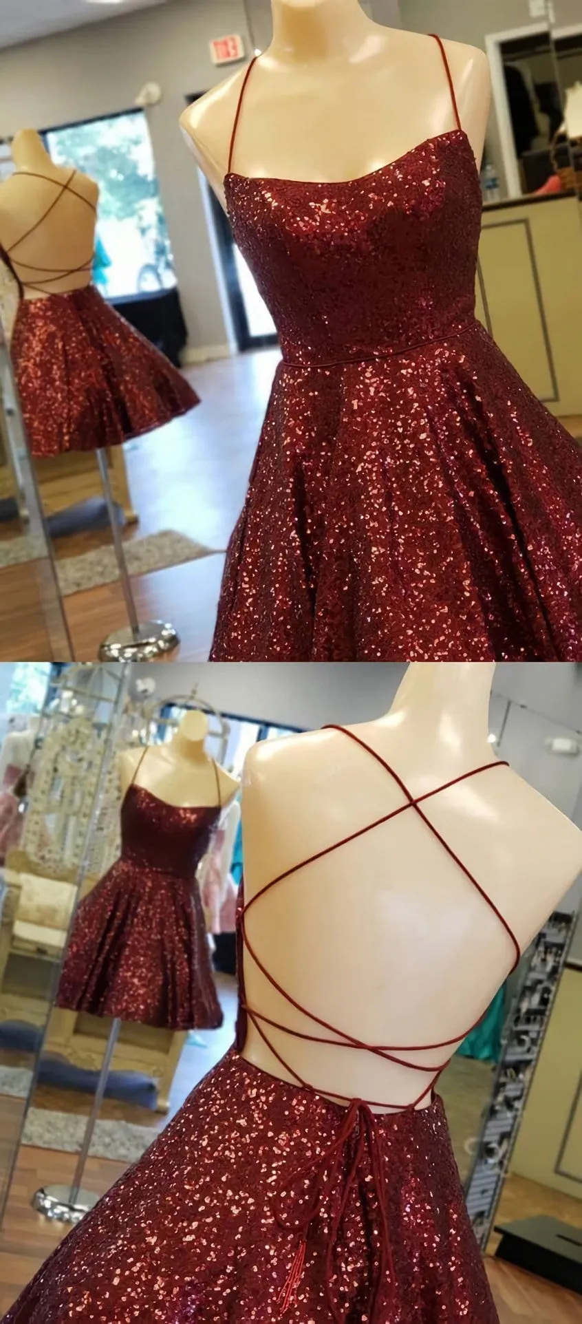 A Line Criss Cross Straps Back Burgundy Sequins Homecoming Dress