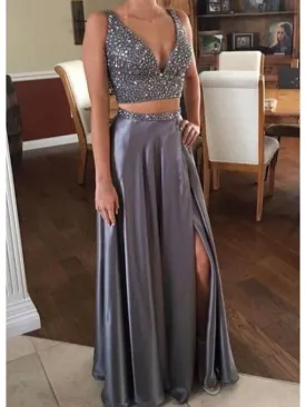 A-line Deep-V Floor-Length Satin Two Piece Prom Dresses HX0059