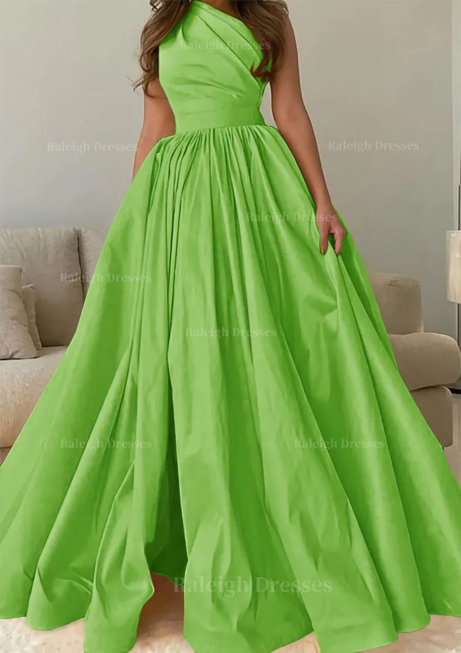 A-line One-Shoulder Sleeveless Sweep Train Satin Prom Dress with Pleated