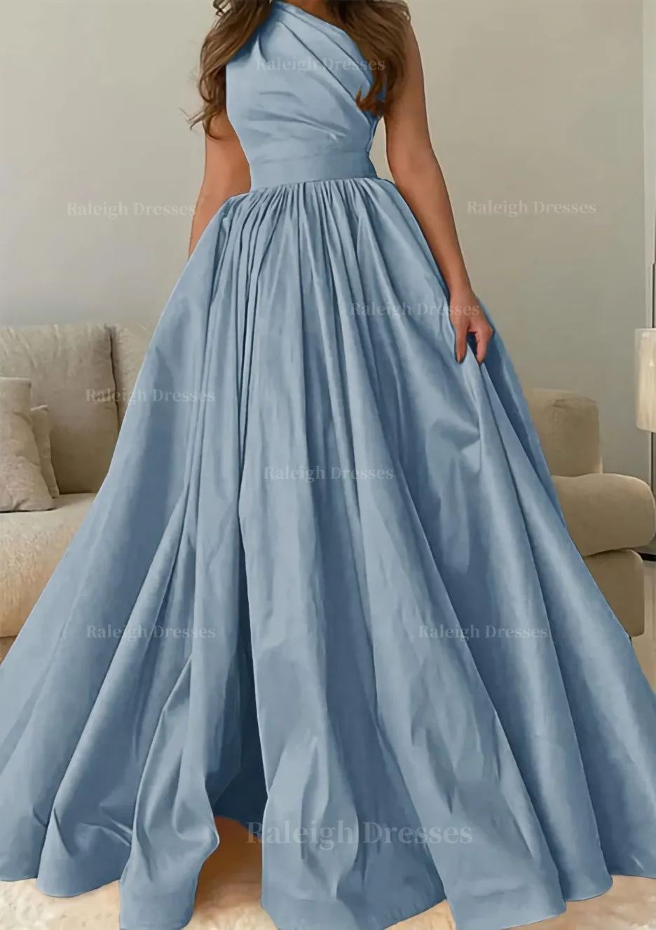 A-line One-Shoulder Sleeveless Sweep Train Satin Prom Dress with Pleated