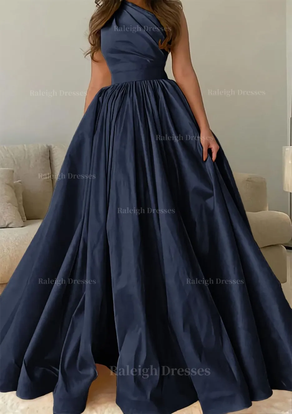 A-line One-Shoulder Sleeveless Sweep Train Satin Prom Dress with Pleated