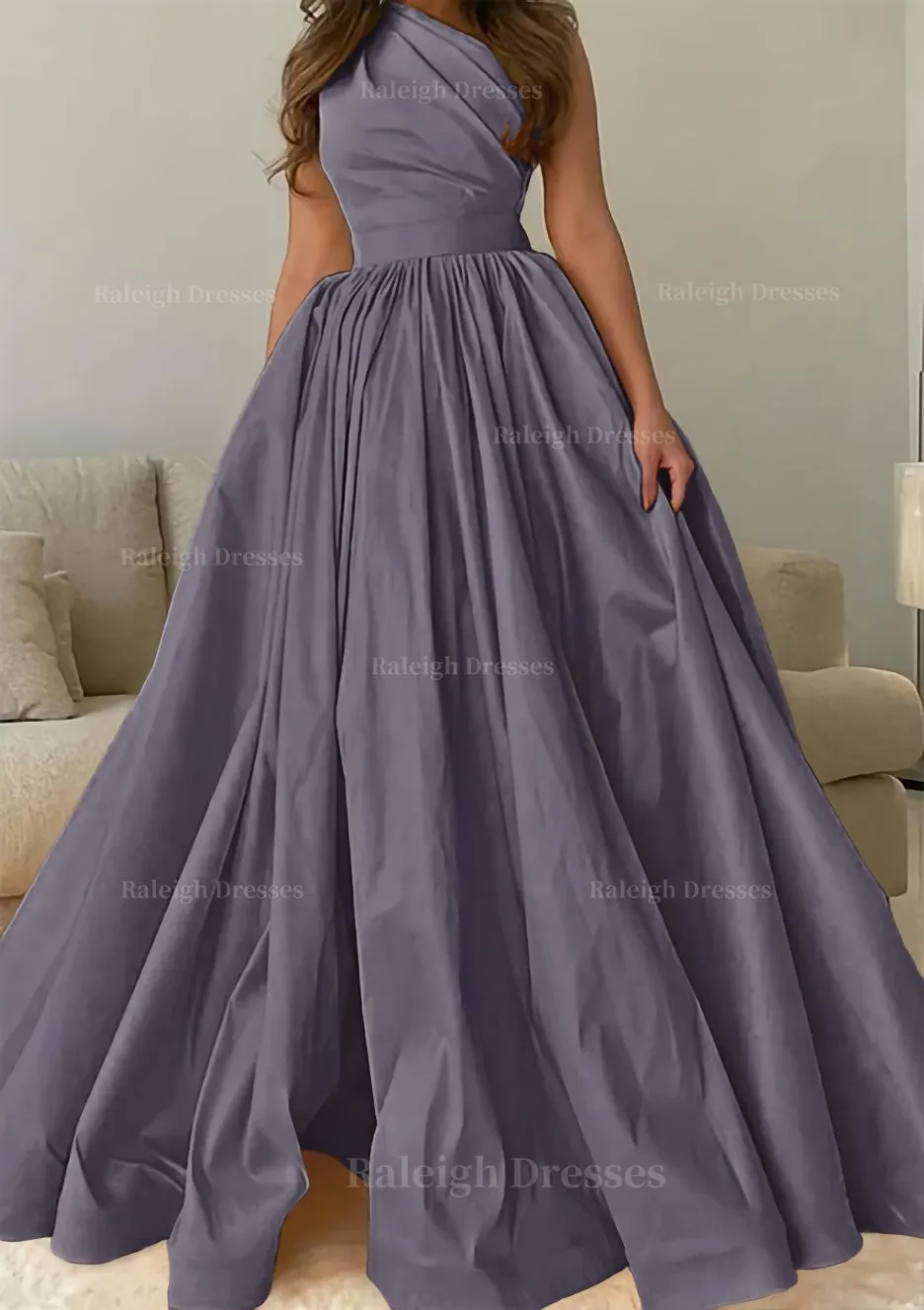 A-line One-Shoulder Sleeveless Sweep Train Satin Prom Dress with Pleated