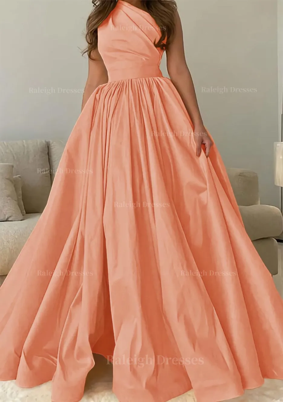 A-line One-Shoulder Sleeveless Sweep Train Satin Prom Dress with Pleated