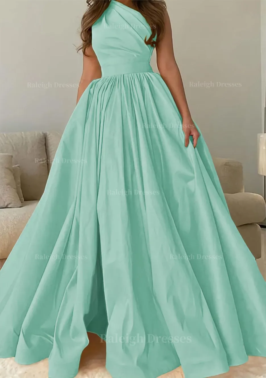 A-line One-Shoulder Sleeveless Sweep Train Satin Prom Dress with Pleated