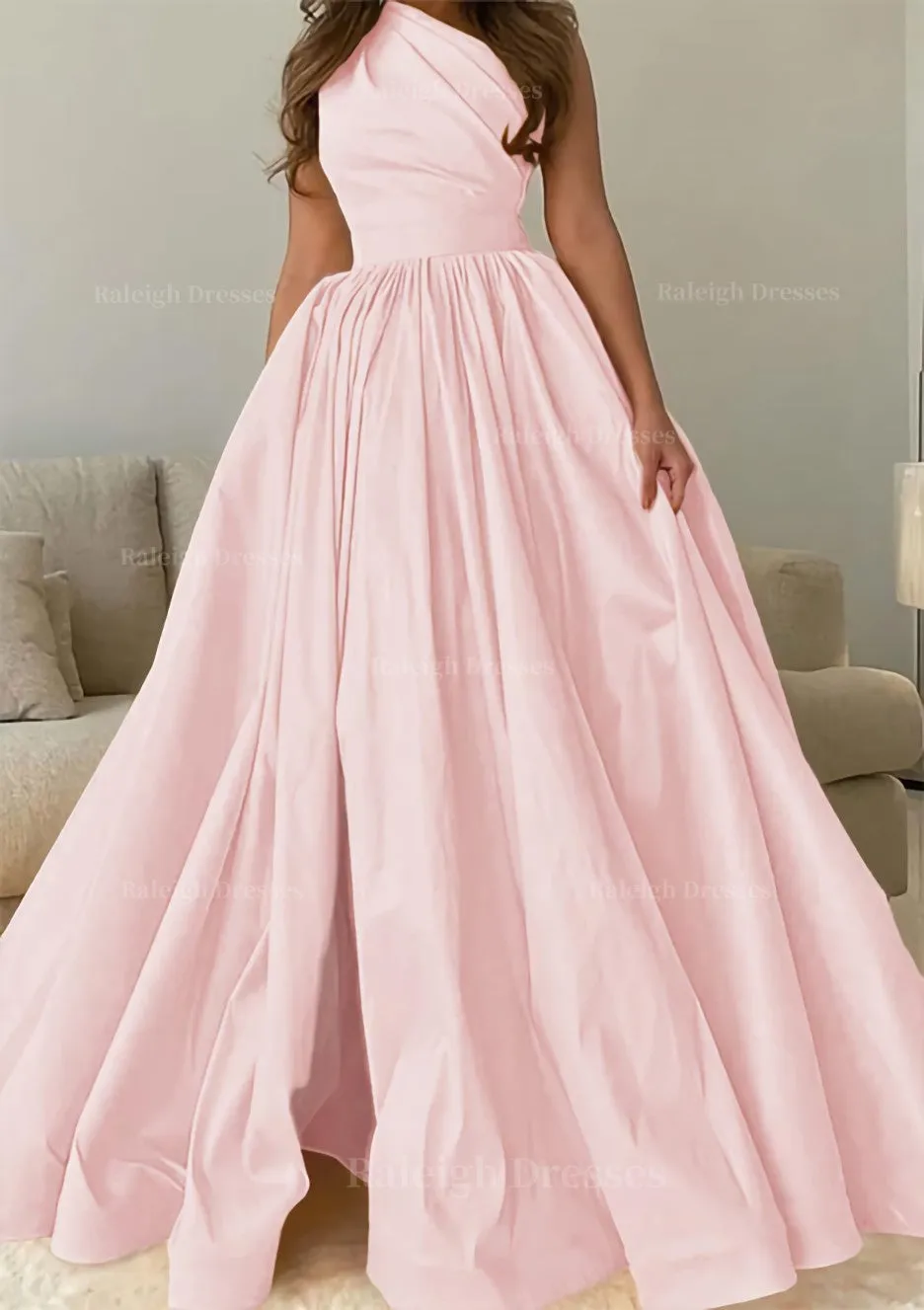 A-line One-Shoulder Sleeveless Sweep Train Satin Prom Dress with Pleated