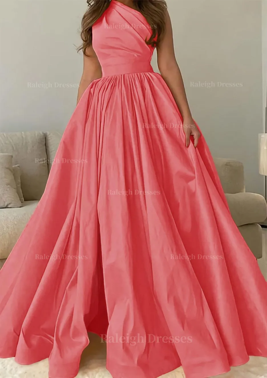 A-line One-Shoulder Sleeveless Sweep Train Satin Prom Dress with Pleated