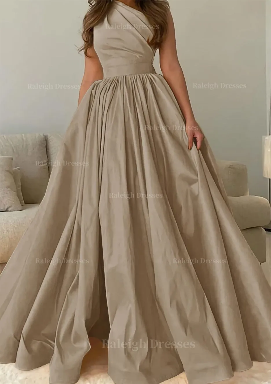 A-line One-Shoulder Sleeveless Sweep Train Satin Prom Dress with Pleated