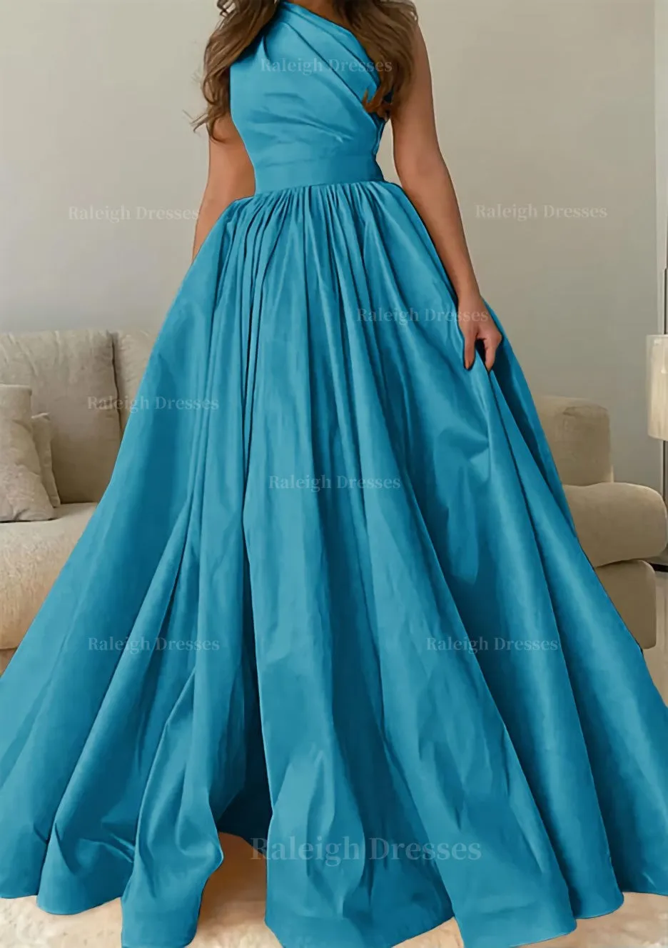 A-line One-Shoulder Sleeveless Sweep Train Satin Prom Dress with Pleated