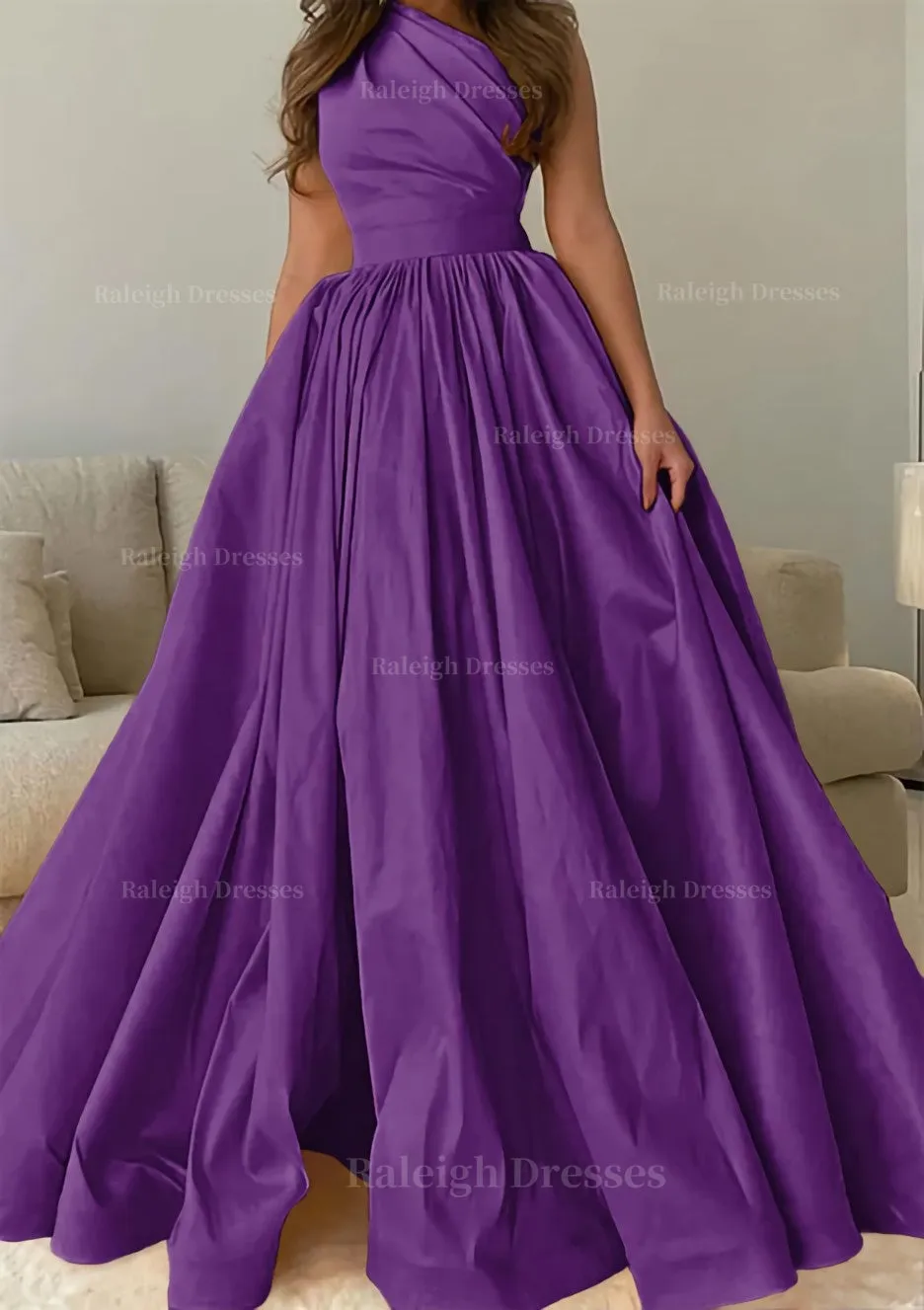 A-line One-Shoulder Sleeveless Sweep Train Satin Prom Dress with Pleated