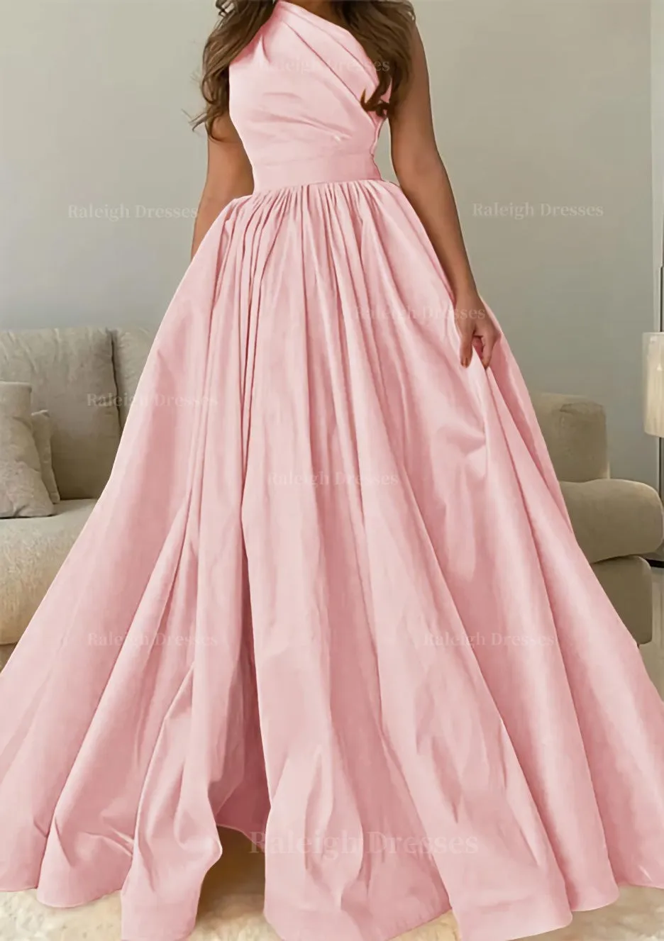 A-line One-Shoulder Sleeveless Sweep Train Satin Prom Dress with Pleated