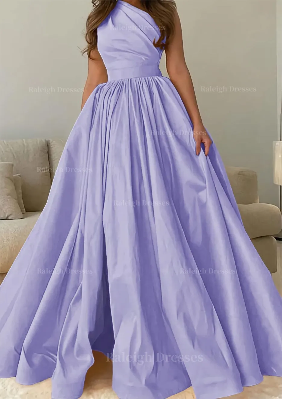 A-line One-Shoulder Sleeveless Sweep Train Satin Prom Dress with Pleated