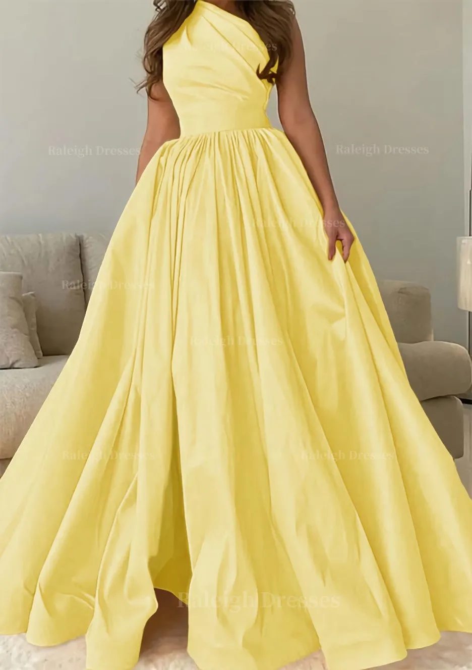 A-line One-Shoulder Sleeveless Sweep Train Satin Prom Dress with Pleated