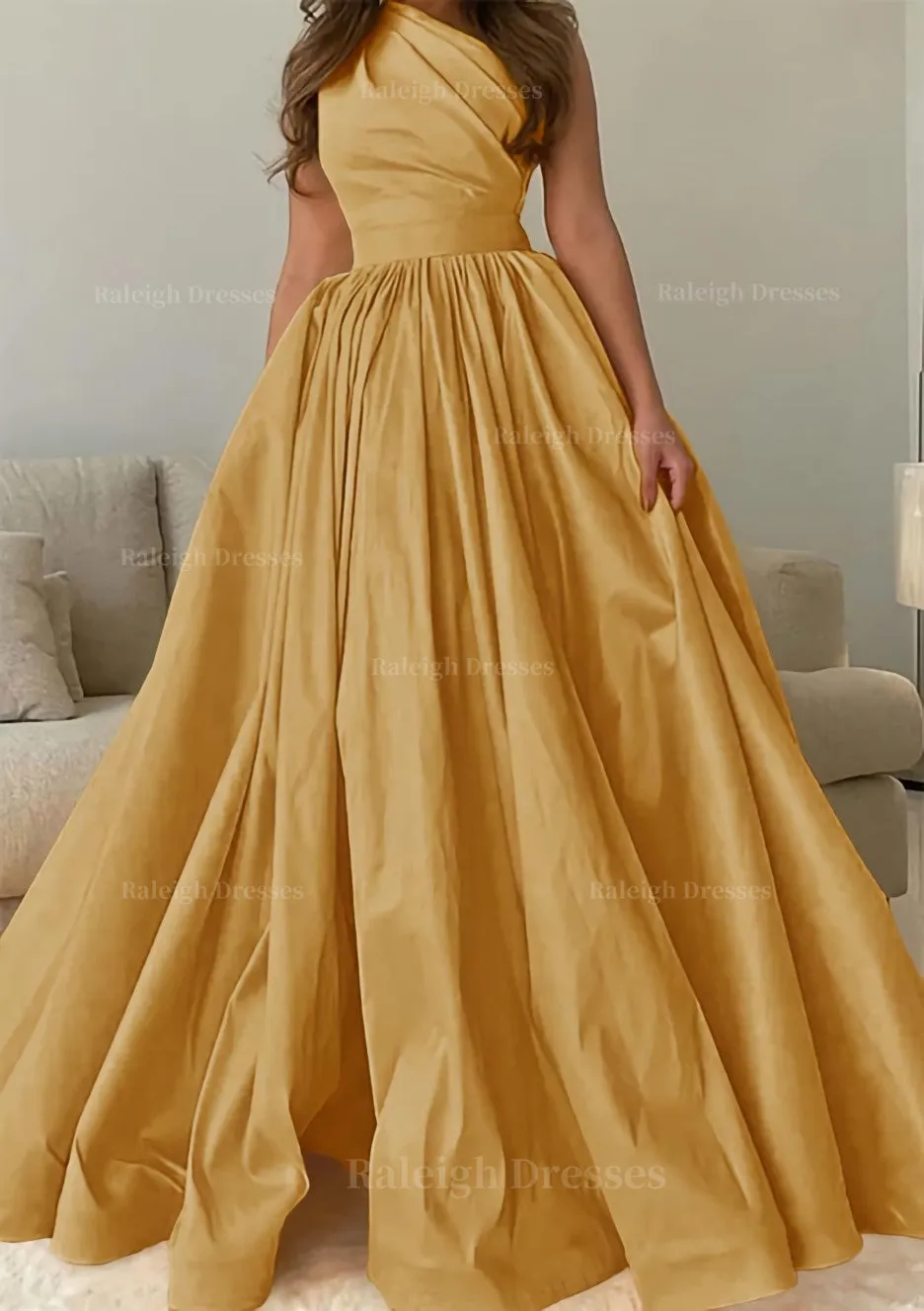 A-line One-Shoulder Sleeveless Sweep Train Satin Prom Dress with Pleated