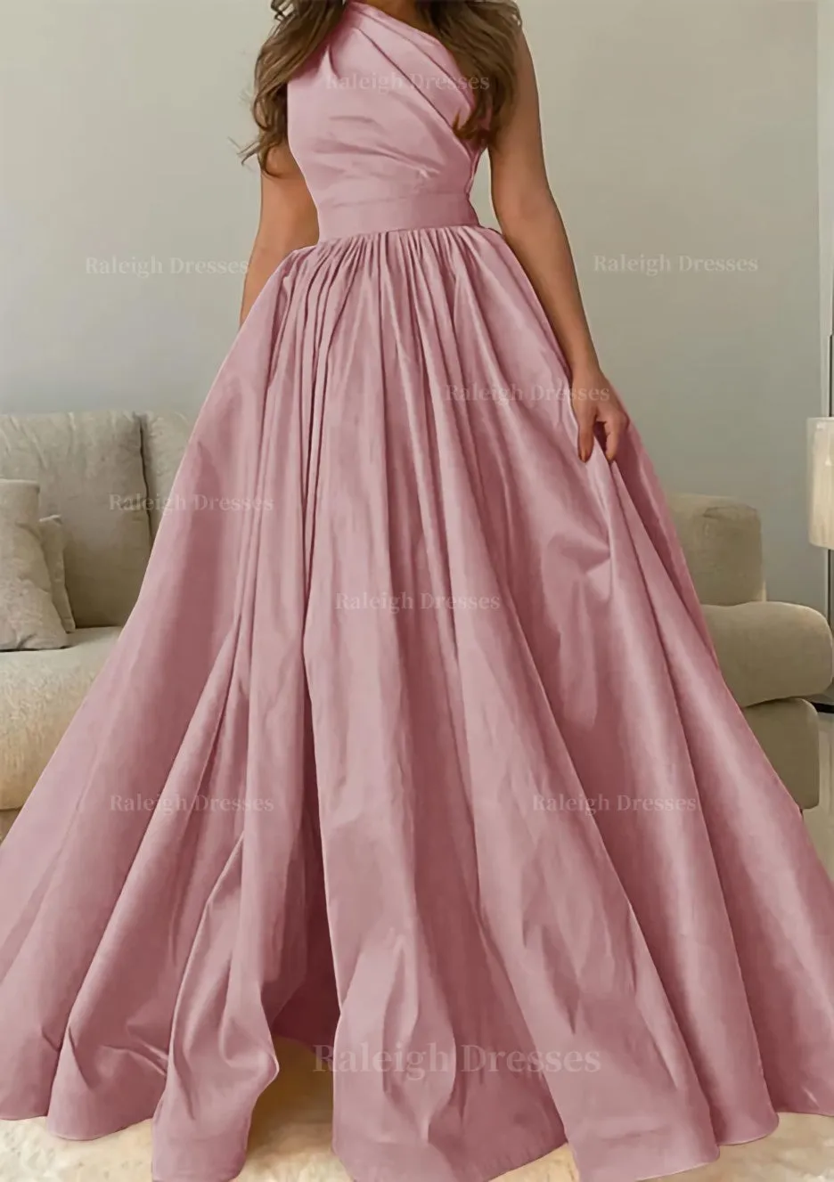 A-line One-Shoulder Sleeveless Sweep Train Satin Prom Dress with Pleated