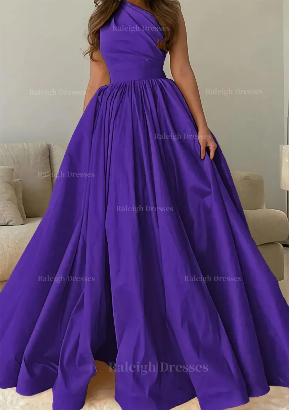 A-line One-Shoulder Sleeveless Sweep Train Satin Prom Dress with Pleated