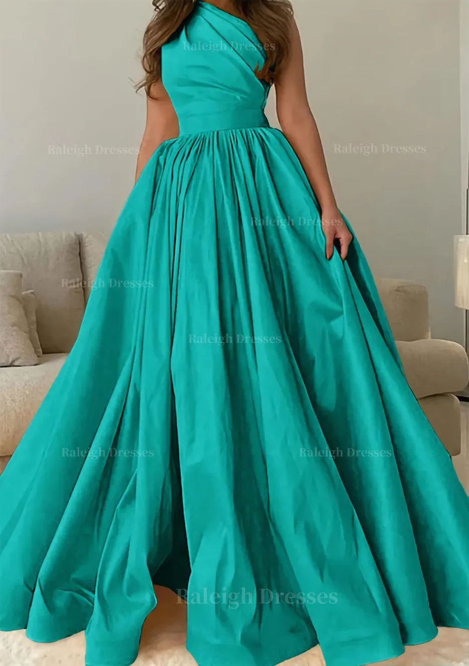 A-line One-Shoulder Sleeveless Sweep Train Satin Prom Dress with Pleated