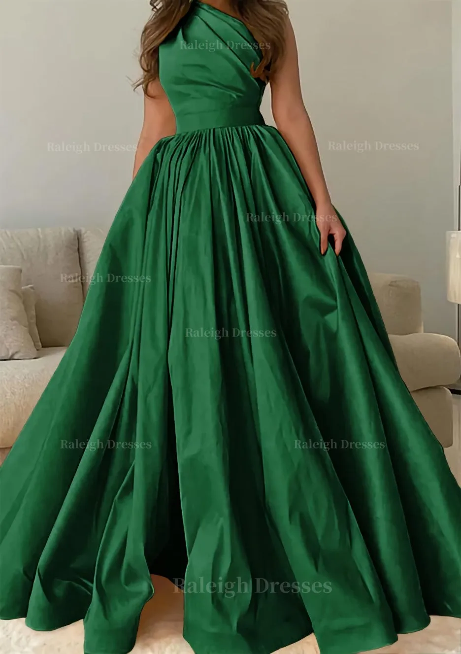 A-line One-Shoulder Sleeveless Sweep Train Satin Prom Dress with Pleated