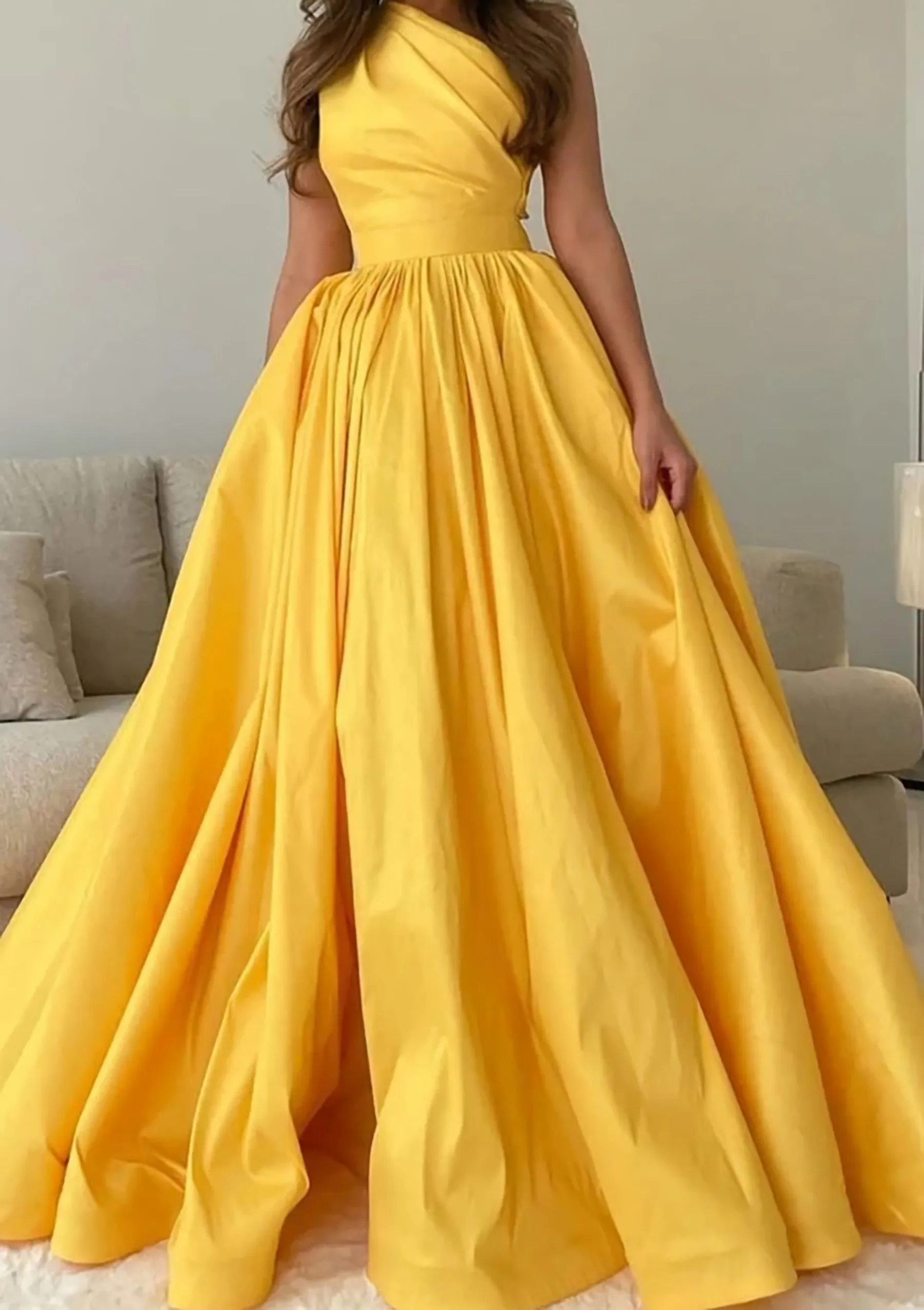 A-line One-Shoulder Sleeveless Sweep Train Satin Prom Dress with Pleated