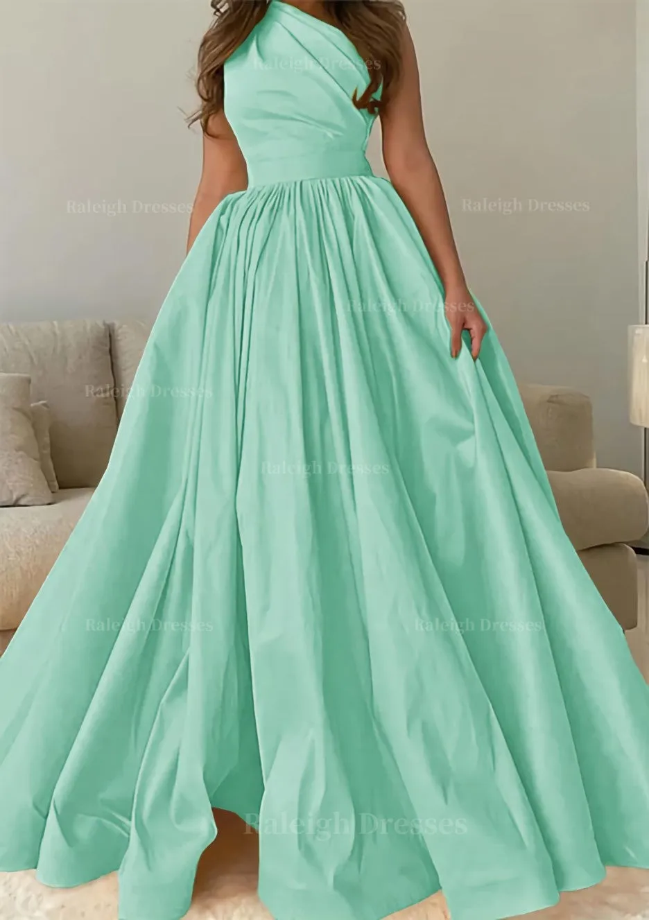 A-line One-Shoulder Sleeveless Sweep Train Satin Prom Dress with Pleated