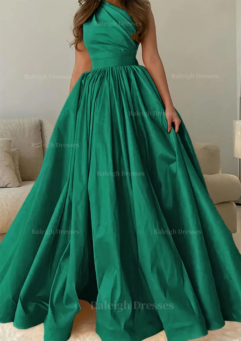 A-line One-Shoulder Sleeveless Sweep Train Satin Prom Dress with Pleated