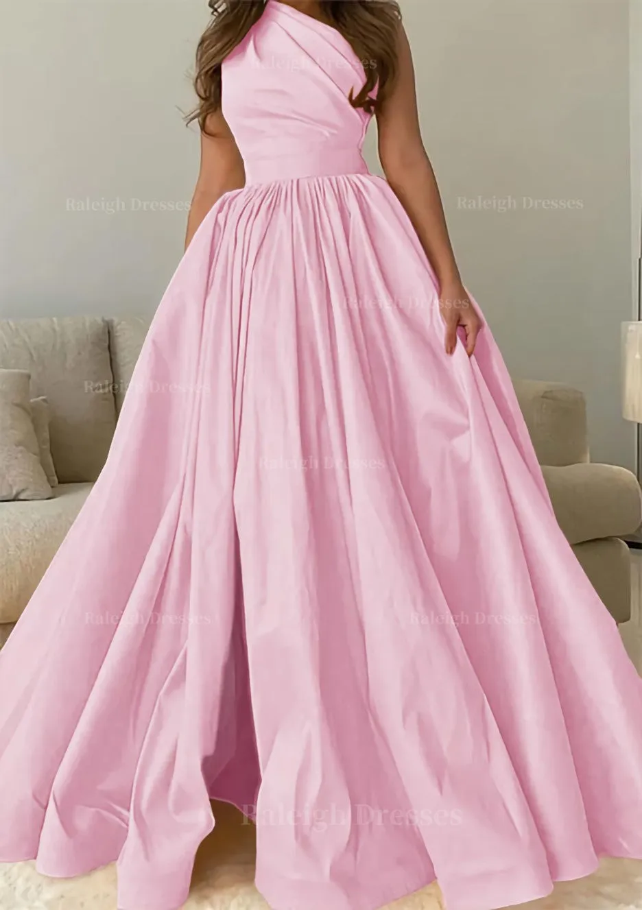 A-line One-Shoulder Sleeveless Sweep Train Satin Prom Dress with Pleated