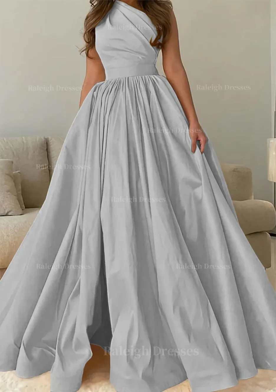 A-line One-Shoulder Sleeveless Sweep Train Satin Prom Dress with Pleated