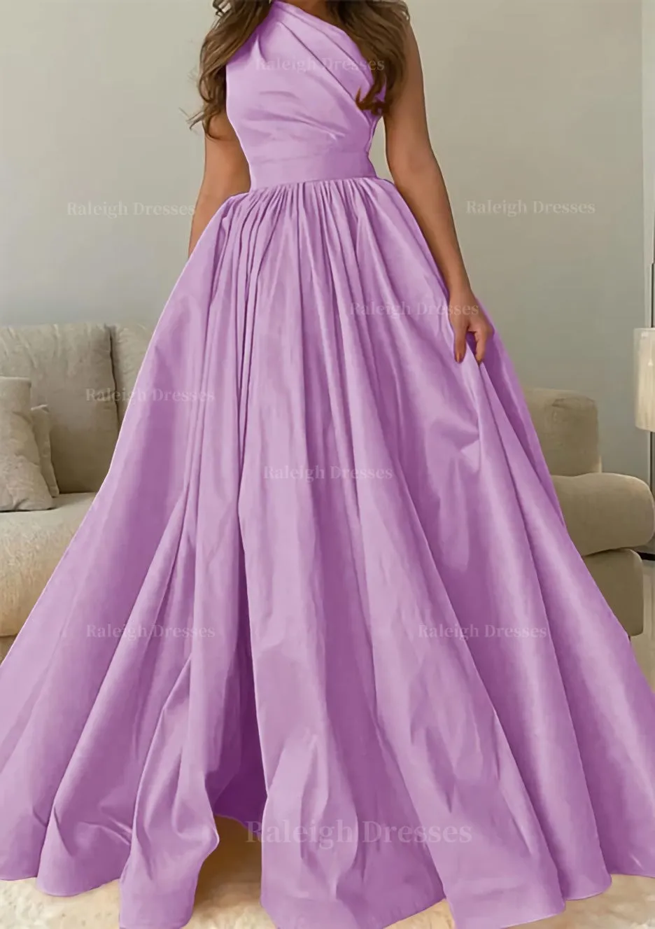 A-line One-Shoulder Sleeveless Sweep Train Satin Prom Dress with Pleated