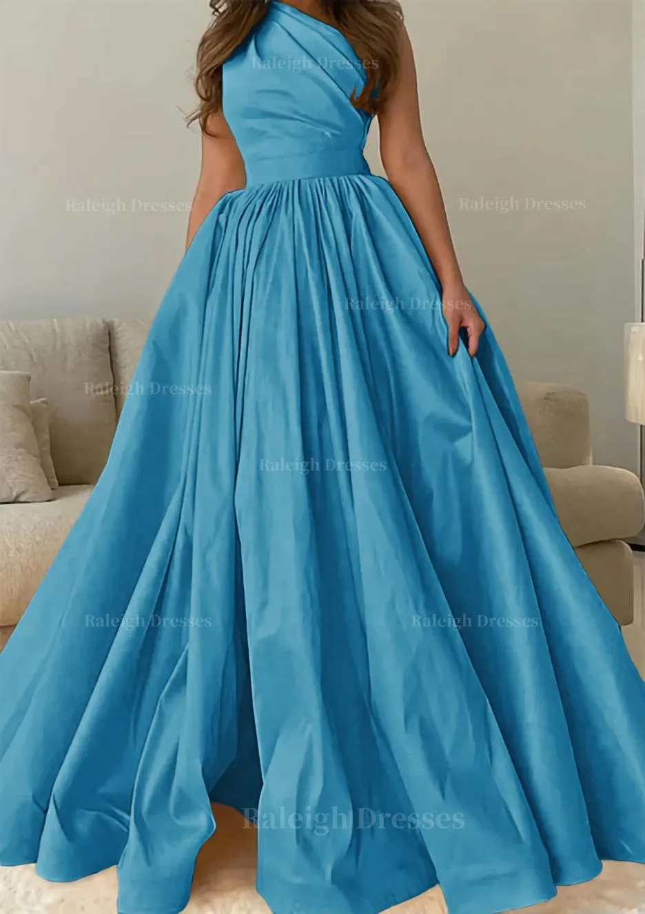 A-line One-Shoulder Sleeveless Sweep Train Satin Prom Dress with Pleated