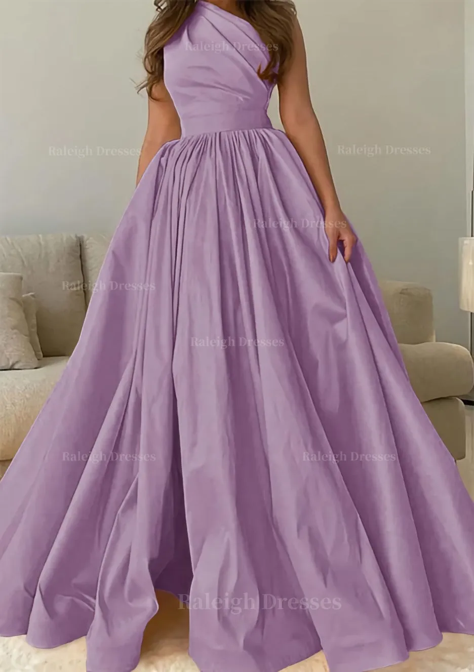 A-line One-Shoulder Sleeveless Sweep Train Satin Prom Dress with Pleated