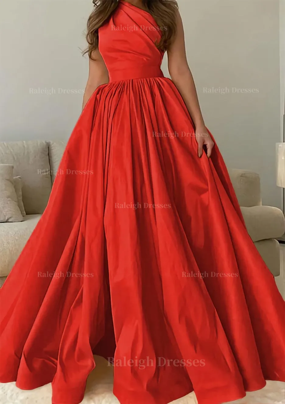 A-line One-Shoulder Sleeveless Sweep Train Satin Prom Dress with Pleated