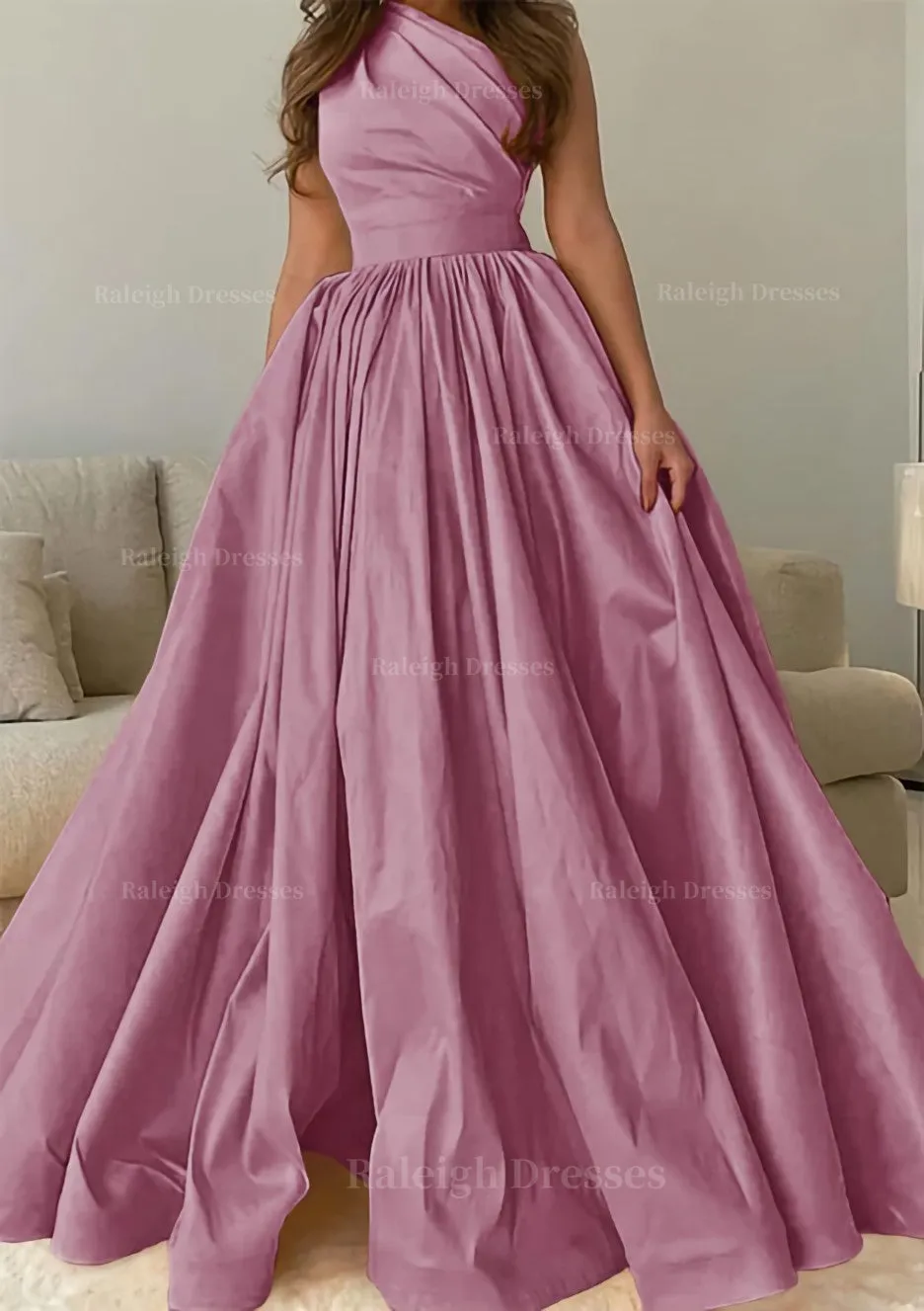 A-line One-Shoulder Sleeveless Sweep Train Satin Prom Dress with Pleated