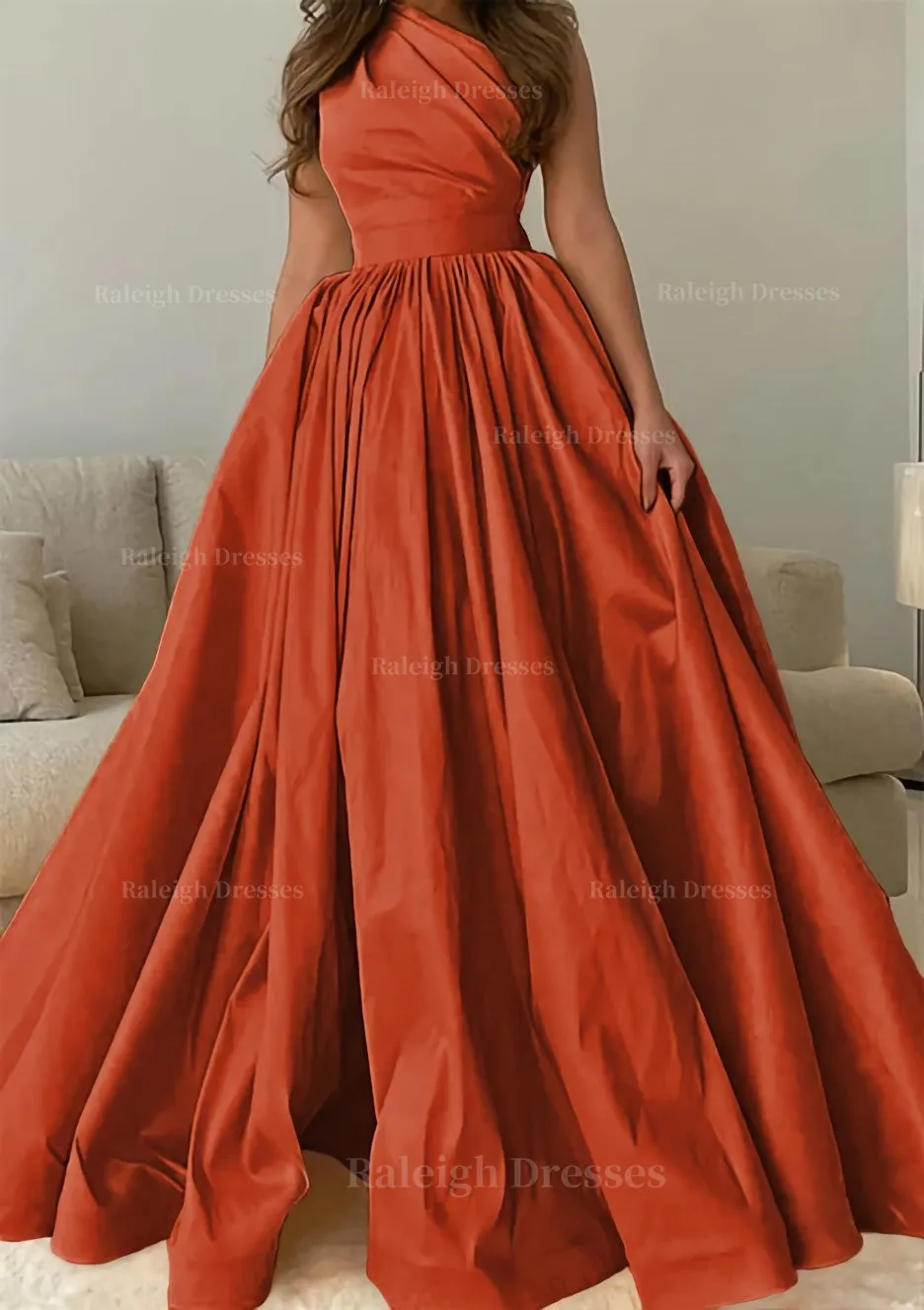 A-line One-Shoulder Sleeveless Sweep Train Satin Prom Dress with Pleated