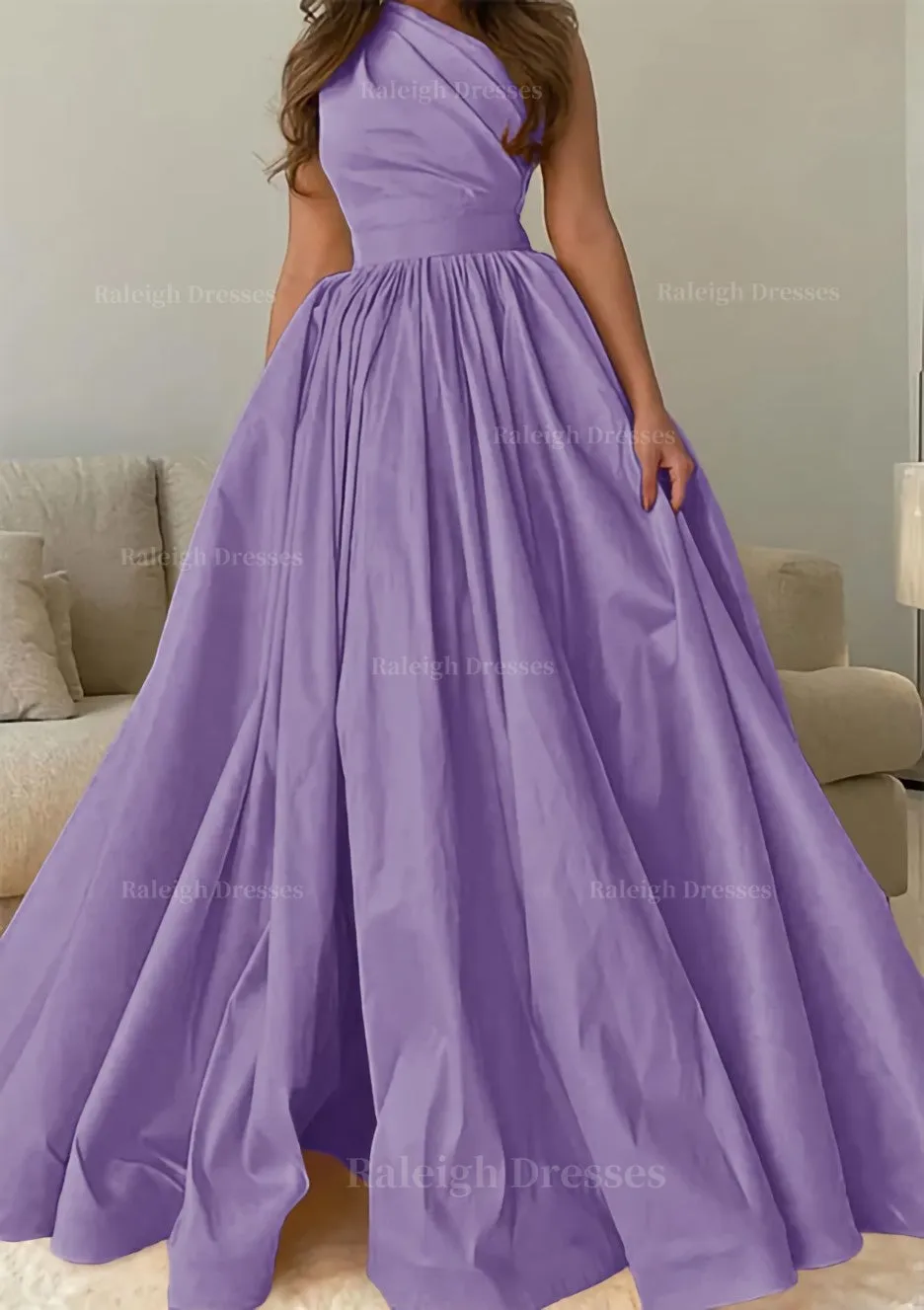 A-line One-Shoulder Sleeveless Sweep Train Satin Prom Dress with Pleated